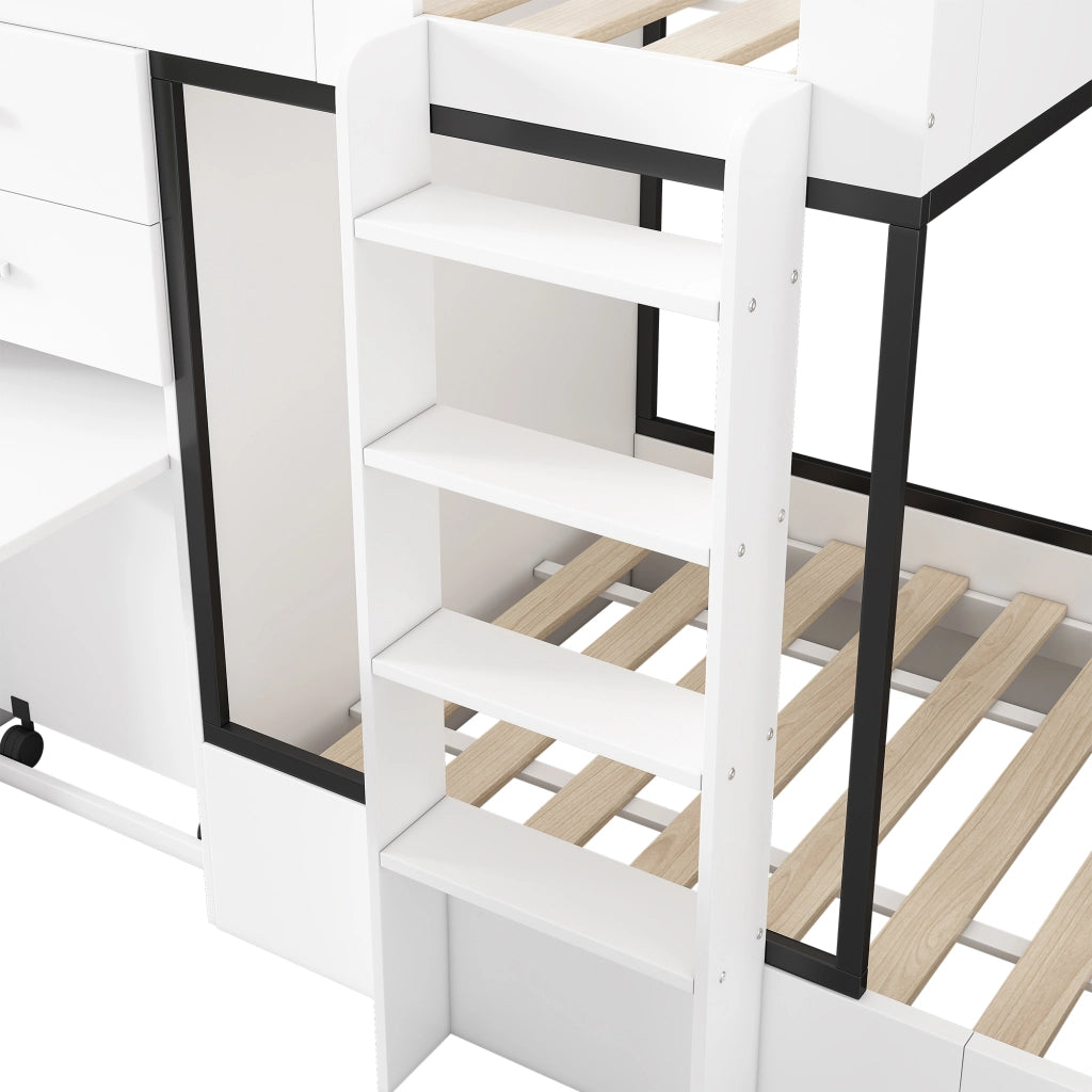 OKWISH Letto a Castello 90×200 cm, Letto Singolo con Scrivania Estraibile, Armadio, 2 Cassetti, Mensole e Scala, senza Materasso, Bianco Nero