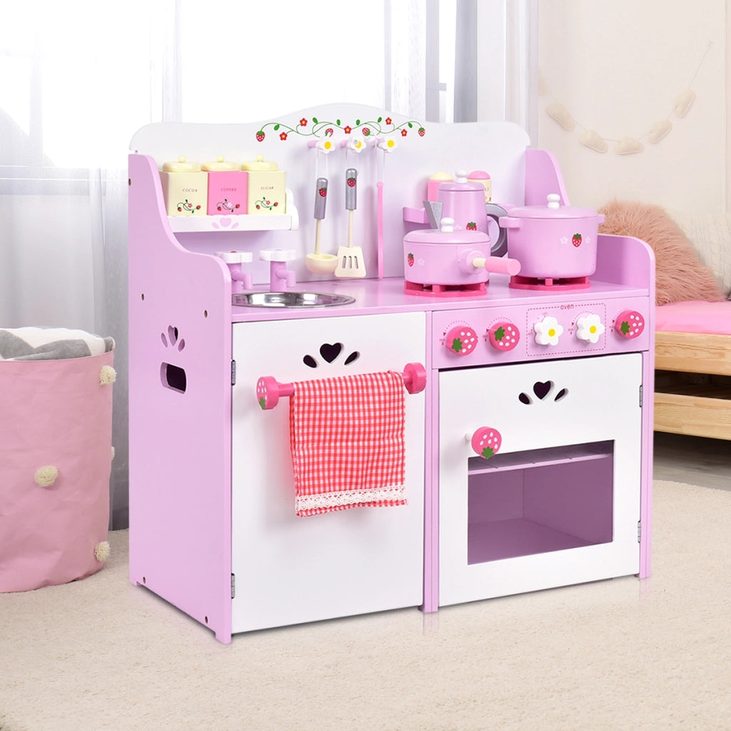 Giocattolo da cucina per bambini in legno a tema fragole con accessori 13 pezzi 60x30x62cm Rosa-Cucine giocattoli