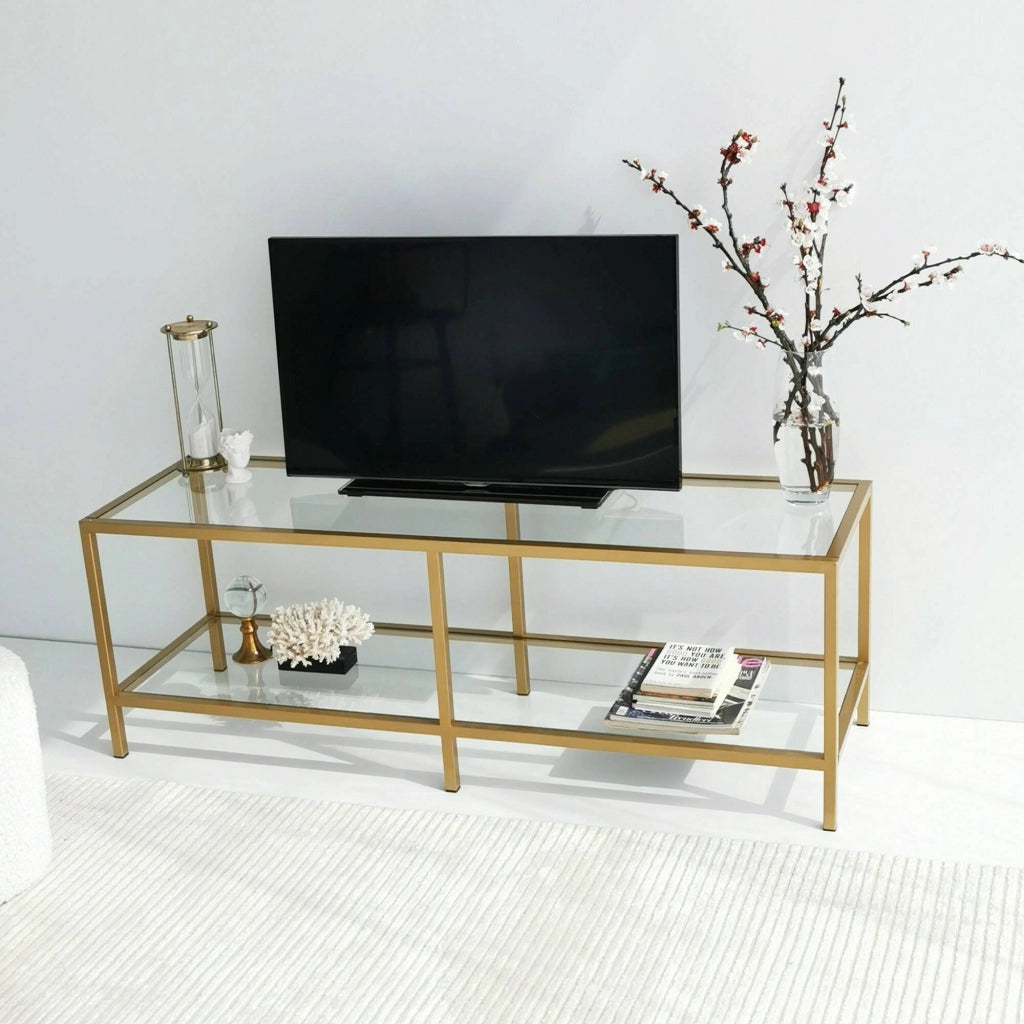 Mobile porta TV Donata, Credenza da soggiorno, Armadio basso per TV, Base parete attrezzata, 130x40h45 cm, Oro