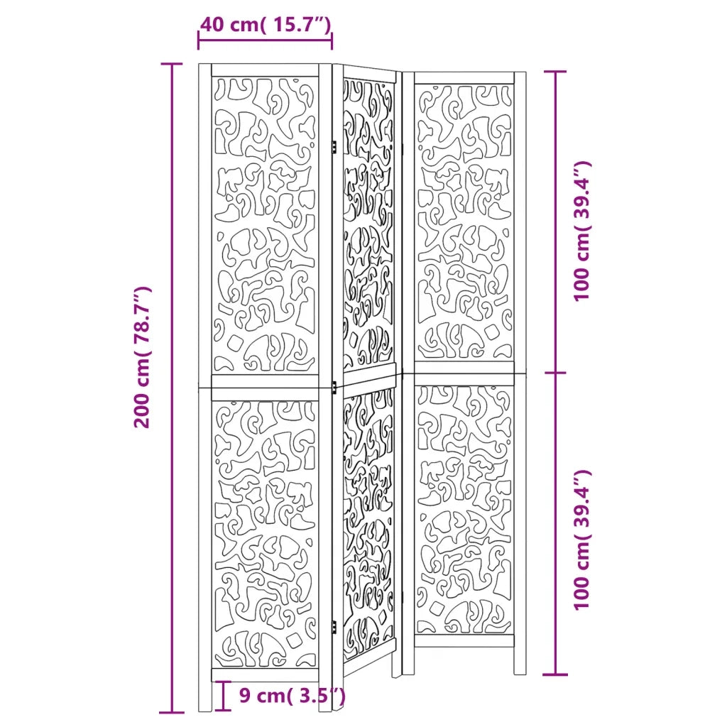 Divisorio Ambienti 3 Pannelli Nero Legno Massello di Paulownia 358751