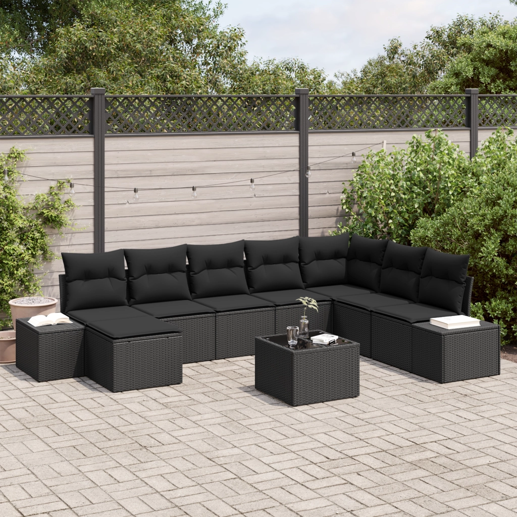 Set di Divani da Giardino da 9 pezzi con Cuscini Beige in Polirattan