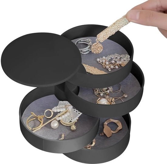Scatola per gioielli 360 gradi rotativa - 4 livelli - Compacta - Portatile - Rivestimento in velluto - Ideale per anelli/colli - Scatola per gioielli