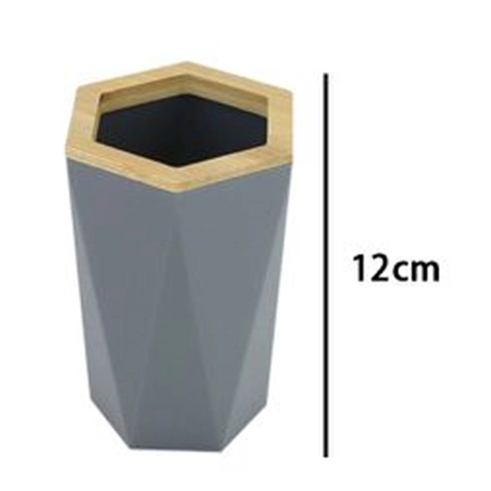 Trade Shop - Bicchiere Porta Spazzolini A Cilindro Esagonale Geometrico Grigio Legno Da Bagno 10847 -