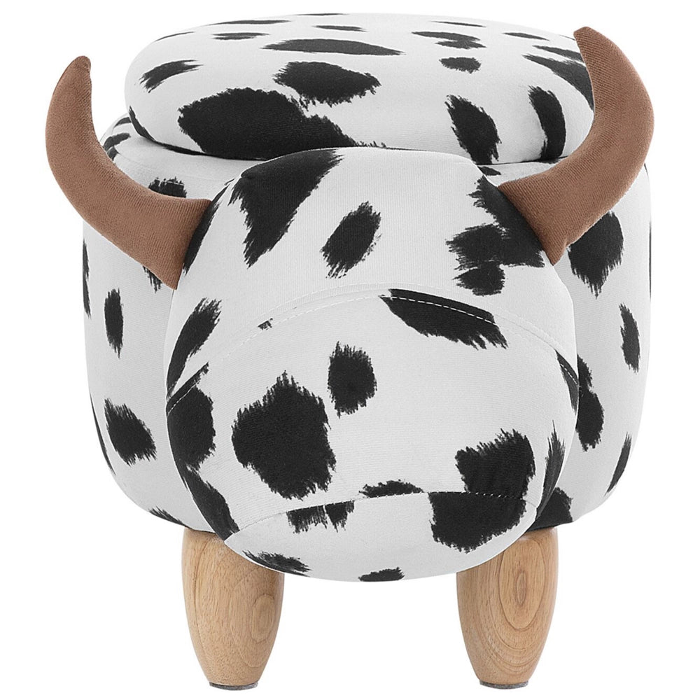 Sgabello per bambini Animale Mucca con contenitore Poggiapiedi per bambini in finta pelle nera e bianca con gambe in legno