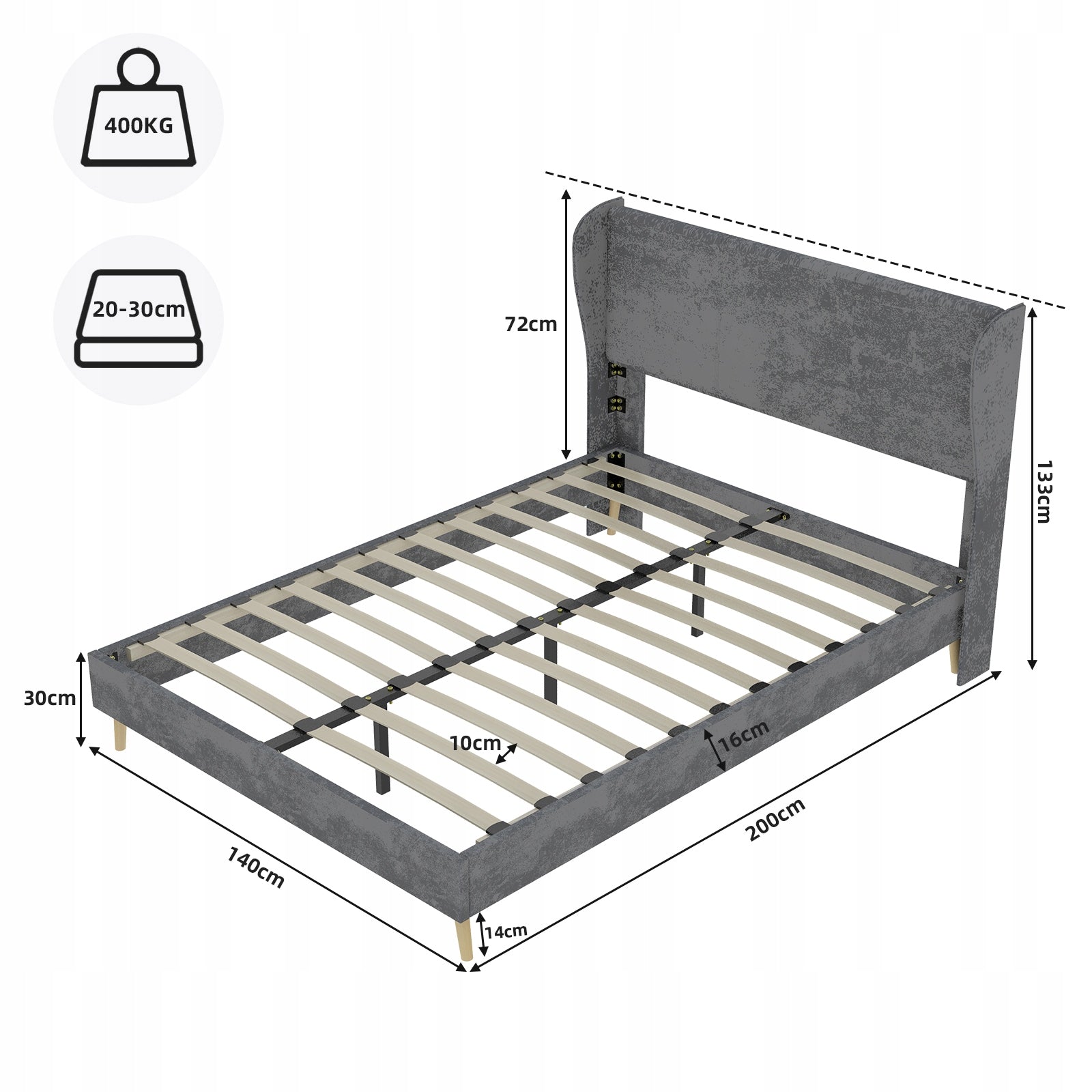 Letto imbottito 140x200 grigio minimalista - Xylo