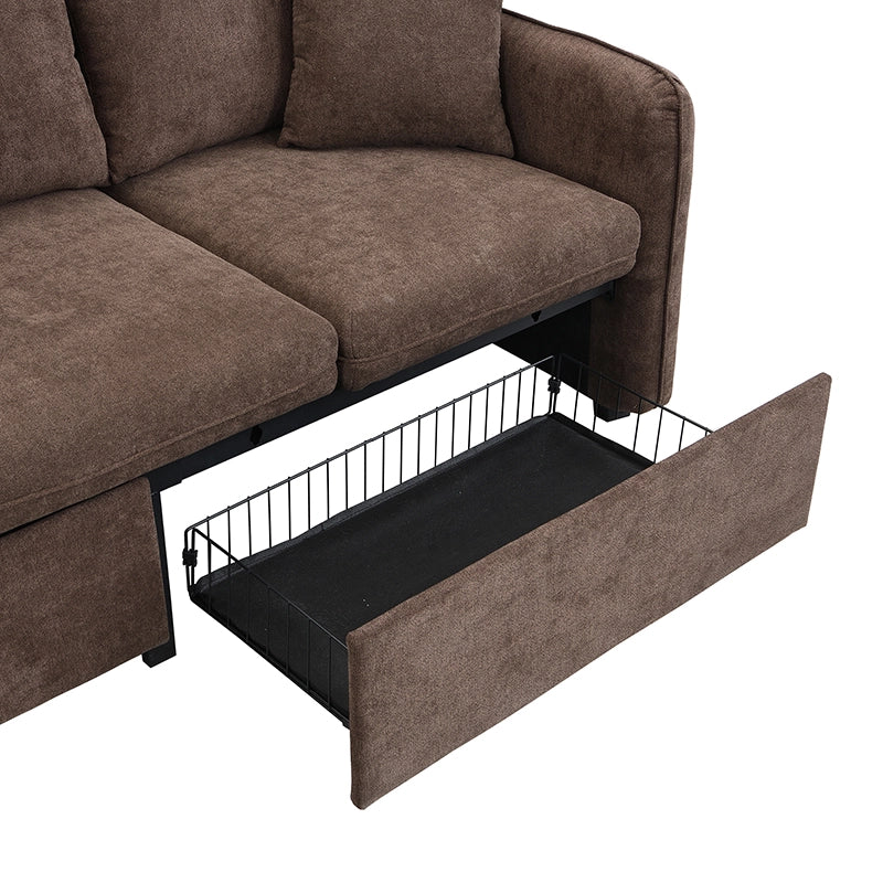 OKWISH Divano ad Angolo Modulare 3 Posti, Funzione Letto con Contenitore e 2 Pouf, Ciniglia e Schiuma, Marrone Antico