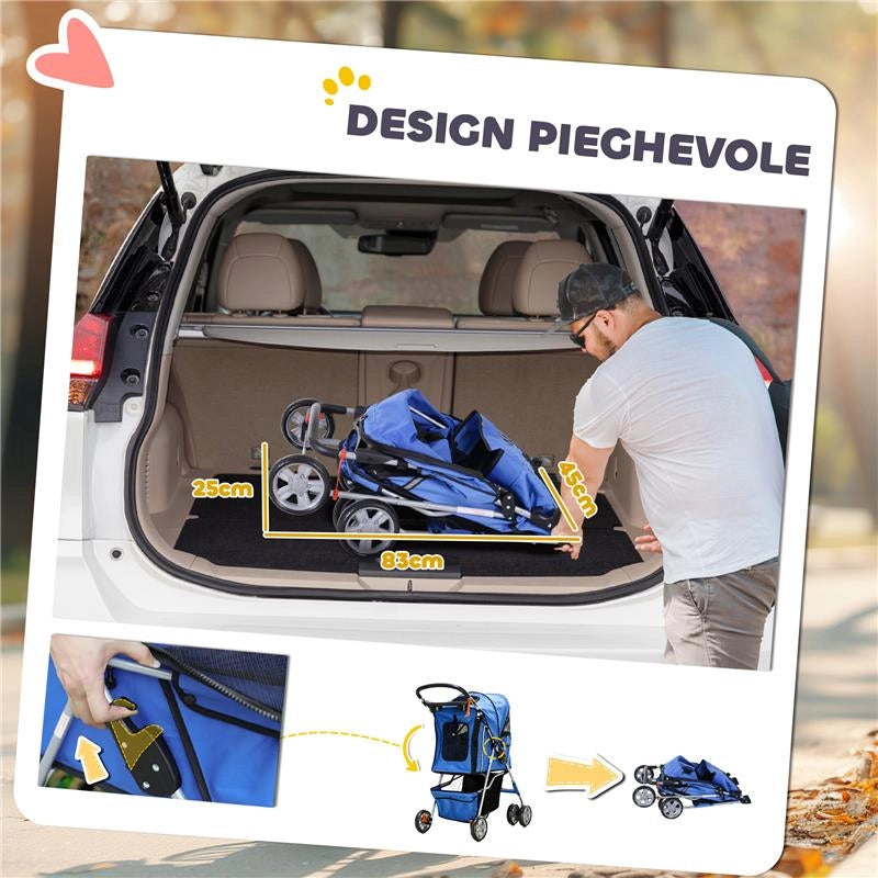 PASSEGGINO PER CANI PICCOLI PIEGHEVOLE CON COPERTURA ANTIPIOGGIA RUOTE GIREVOLI E CON FRENI BLU