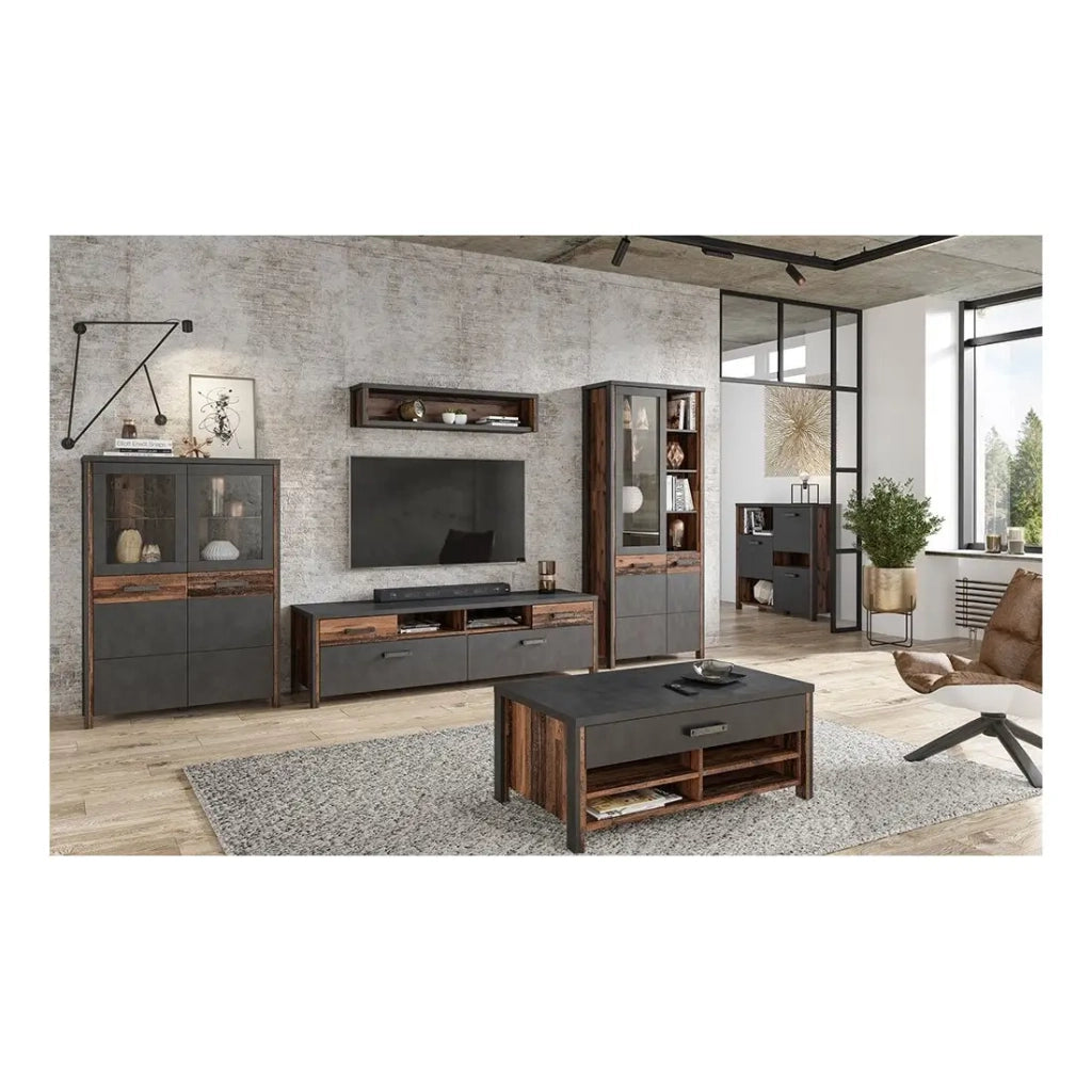 Mobile per TV WINDSOR grigio antracite e rovere scuro - 190 cm - 2 porte, 2 cassetti, 2 vani - 187 x 52.6 x 50.4 cm