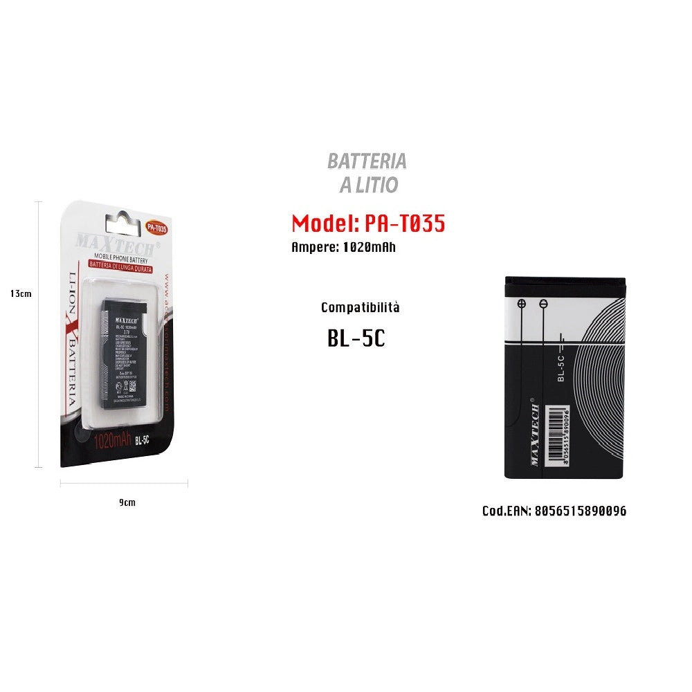 Trade Shop - Batteria A Litio Compatibile Con Bl-5c Cellulare Smartphone Maxtech 1020mah Pa-t035 -