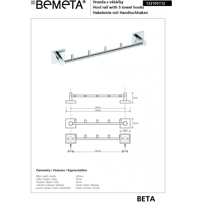 Gancio doccia BETA 5 ganci in ottone cromato 39,5cm x 5,5cm x 7cm