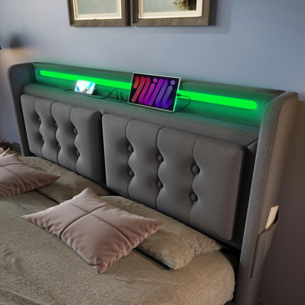 Letto matrimoniale 140x200 cm con testiera LED; prese USB e contenitore; grigio