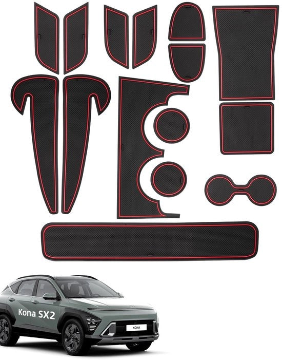 Materassini Antislip per Hyundai Kona SX2 2024-2025, 15 pezzi di gomma per console centrale, cassetto portaoggetti, portabibita, vano porta manubrio, vano porta braccio, nero e rosso