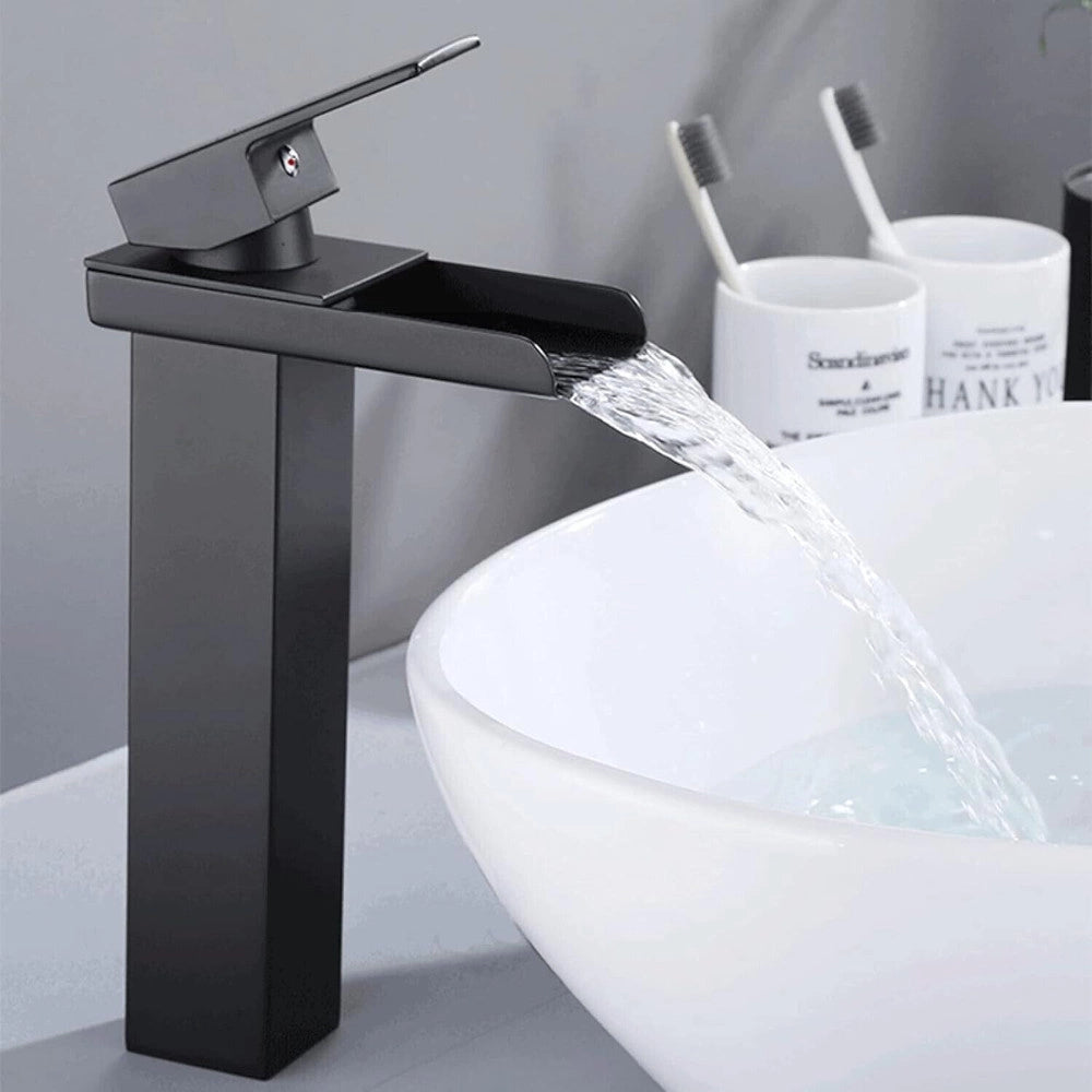 Trade Shop - Miscelatore A Cascata Nero Lavabo Bagno Rubinetto A Canna Alta Monocomando 87399 -