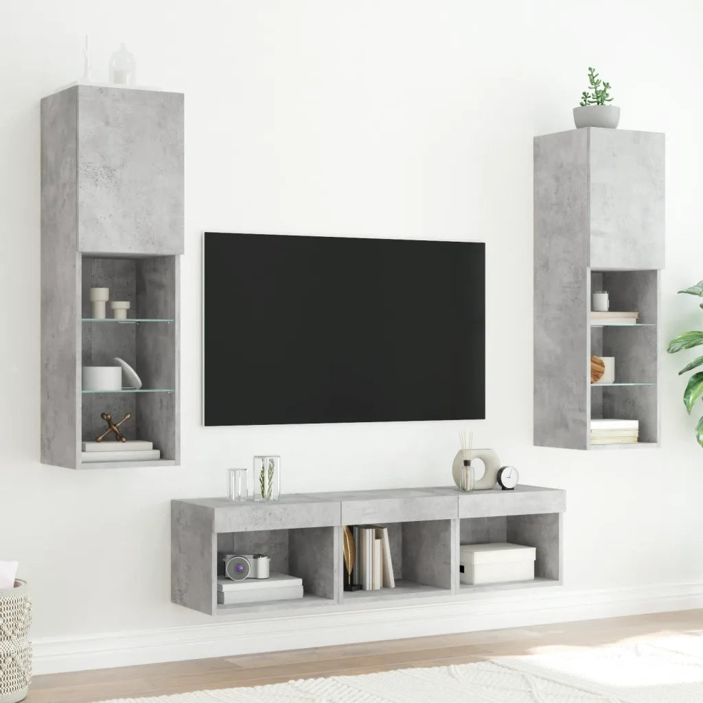 Mobili TV a Muro con LED 5 pz-Credenza per TV sospesa Grigio Cemento Legno Multistrato 738363