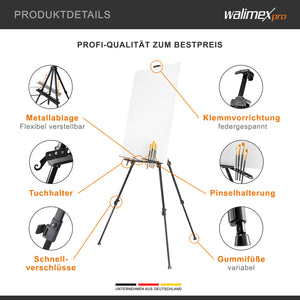 Cavalletto XL 60-180 cm, treppiede per tele in alluminio con borsa per il trasporto, per teli fino a 140 cm, supporto con ripiano