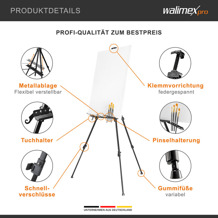 Cavalletto XL 60-180 cm, treppiede per tele in alluminio con borsa per il trasporto, per teli fino a 140 cm, supporto con ripiano