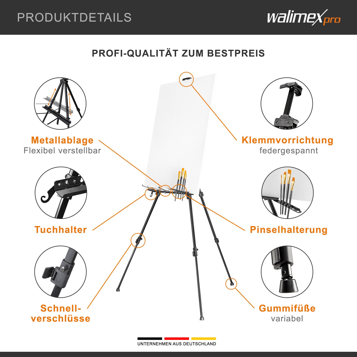 Cavalletto XL 60-180 cm, treppiede per tele in alluminio con borsa per il trasporto, per teli fino a 140 cm, supporto con ripiano