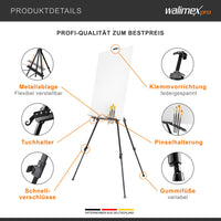 Cavalletto XL 60-180 cm, treppiede per tele in alluminio con borsa per il trasporto, per teli fino a 140 cm, supporto con ripiano