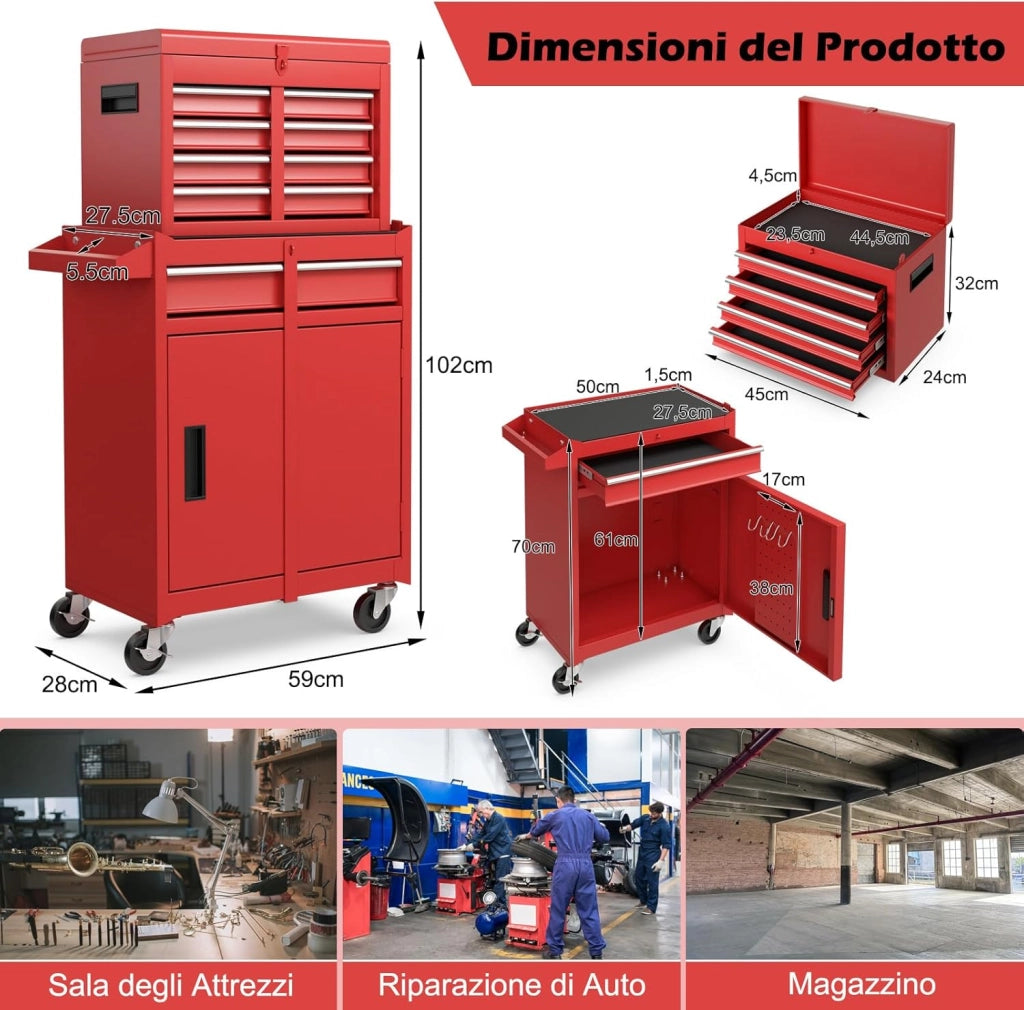 Cassettiera Portautensili a 4 Cassetti, Carrello per Attrezzi con Ruote Bloccabili Ripiano Regolabile e Rivestimento Antiscivolo, 59 x 28 x 102 cm (Rosso)