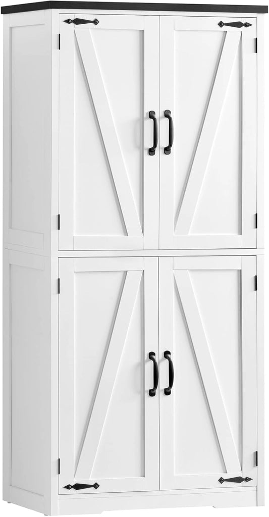 Credenza Cucina, Mobile Cucina con 4 Ante e Ripiani Regolabili, Dispensa Cucina con Maniglie Nere, per Soggiorno e Sala da Pranzo, Bianco – 60x30x148 cm