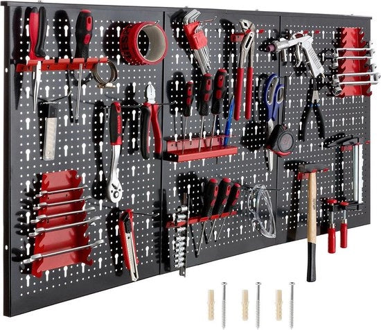 Ophangbord per Laboratorio – Parete di Atelier – Pannello di Supporto per Strumenti – Parete Forata – Compreso Set di Ganci – Compartimento per Strumenti per Parete – Nero – 120 x 60 x 2 cm