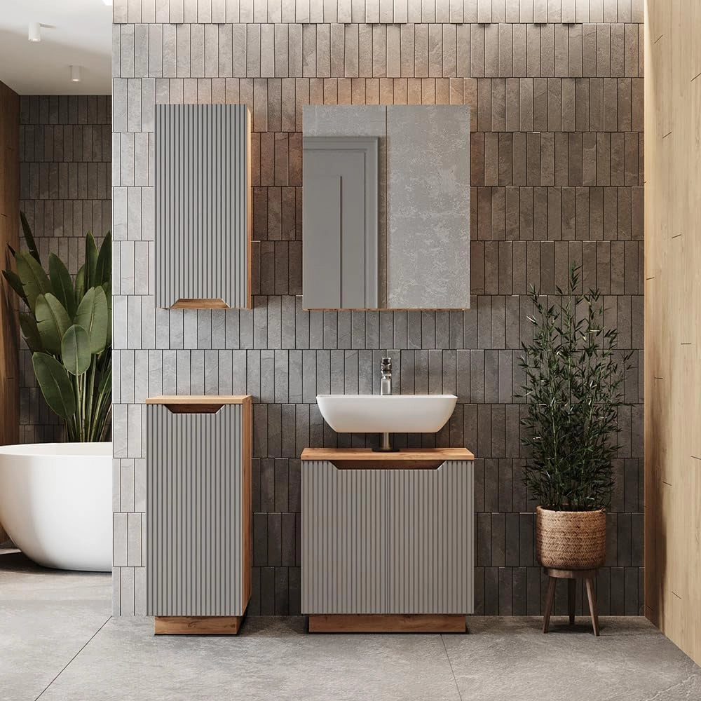 Set di mobili da bagno Lotta, Rovere/grigio a righe, 4 parti