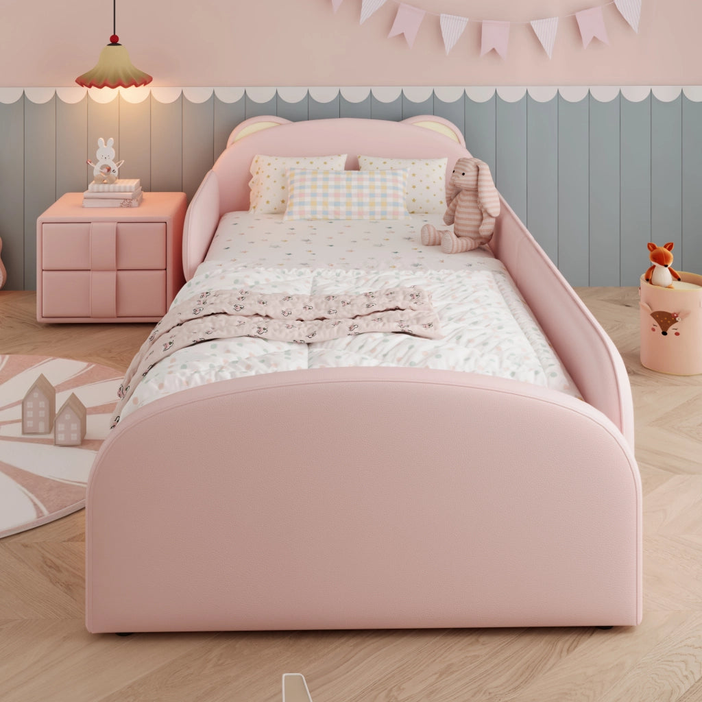 Letto per bambini 90 × 200 cm con testiera a forma di orso, comodino con 2 cassetti, senza materasso, rosa
