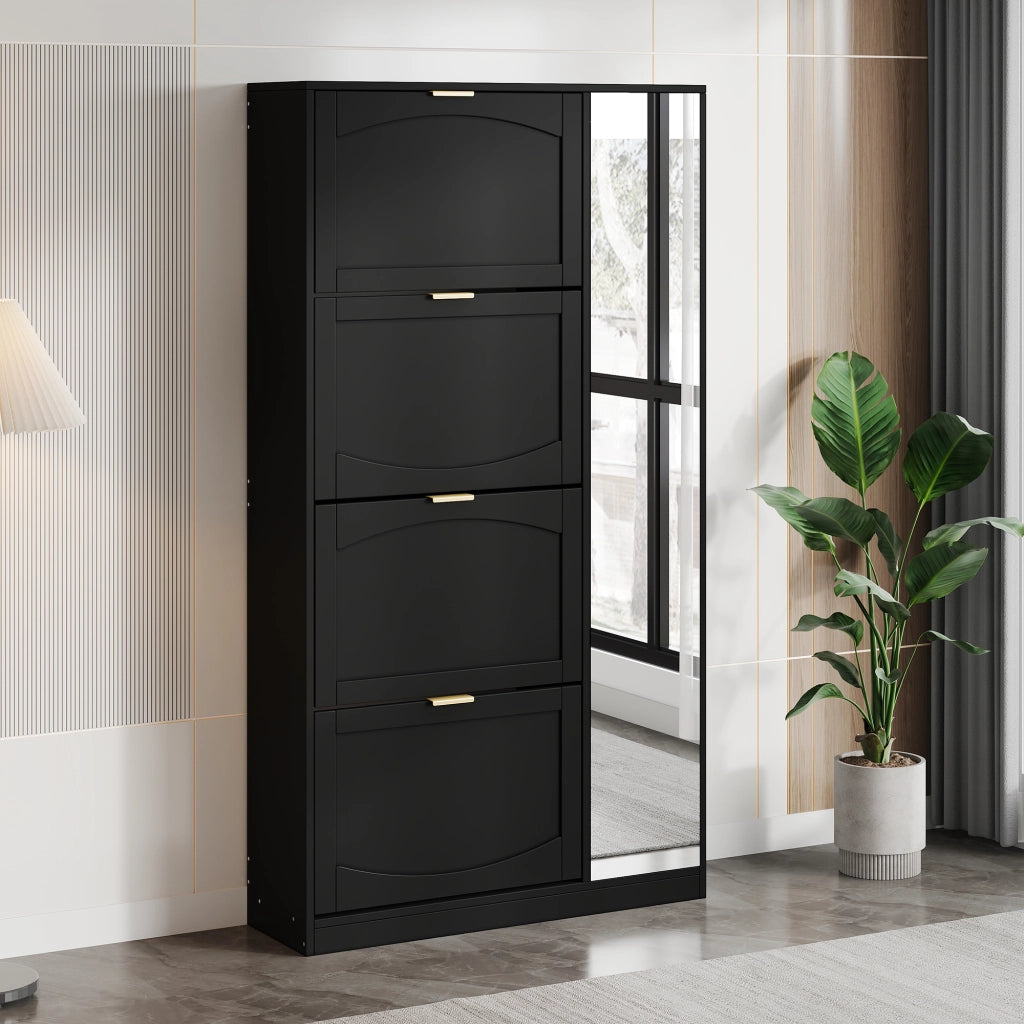 Scarpiera con Specchio e 4 Ante Ribaltabili ¨C MINIMAL ¨C Nero, 80x147x24 cm