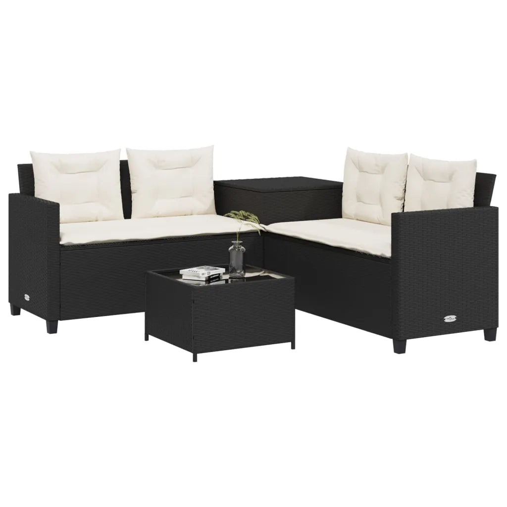 Divano da Giardino con Tavolo e Cuscini a L Nero in Polyrattan 369027