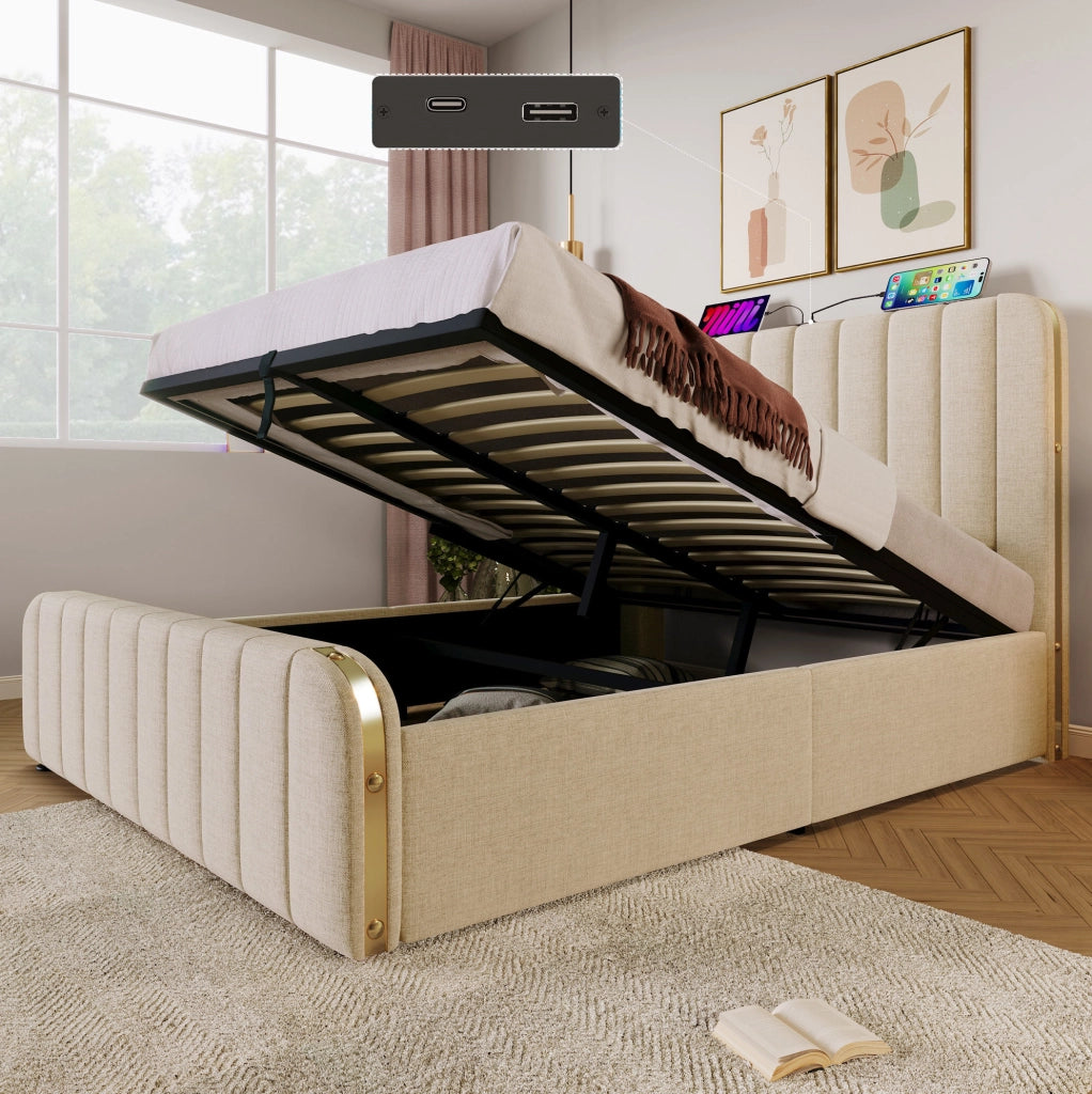 Letto matrimoniale con contenitore idraulico 140x190 cm; USB e Type-C; lino beige