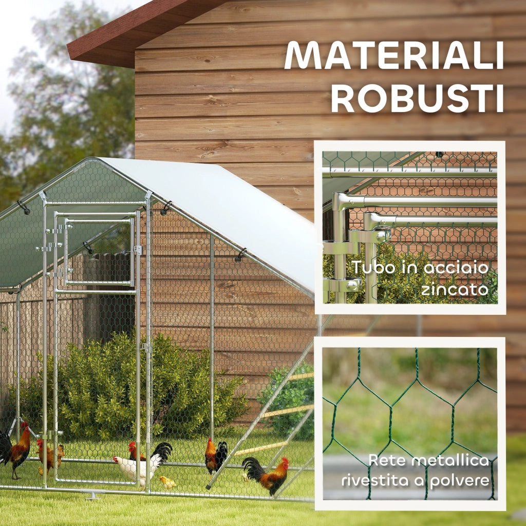 Recinto per Galline da 6 mq 300x200x195 cm per 6-8 Animali con Tetto Impermeabile Mangiatoia e Posatoio Argento