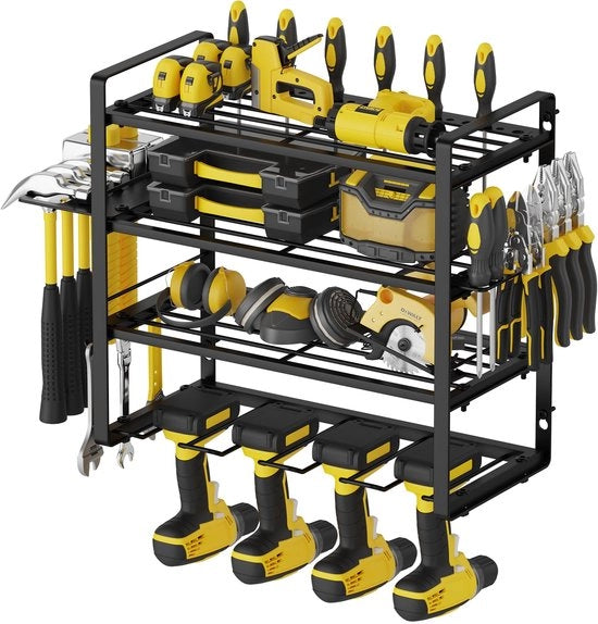 Fort W-1701 4 Livelli 40cm Dimensione Media Regolabarre in Metallo Garage Organizzatore per Falegnameria con 4 Presse-aeree, 4 Orecchioni per Trapano e 4 Alloggiamenti per Batterie da 12V