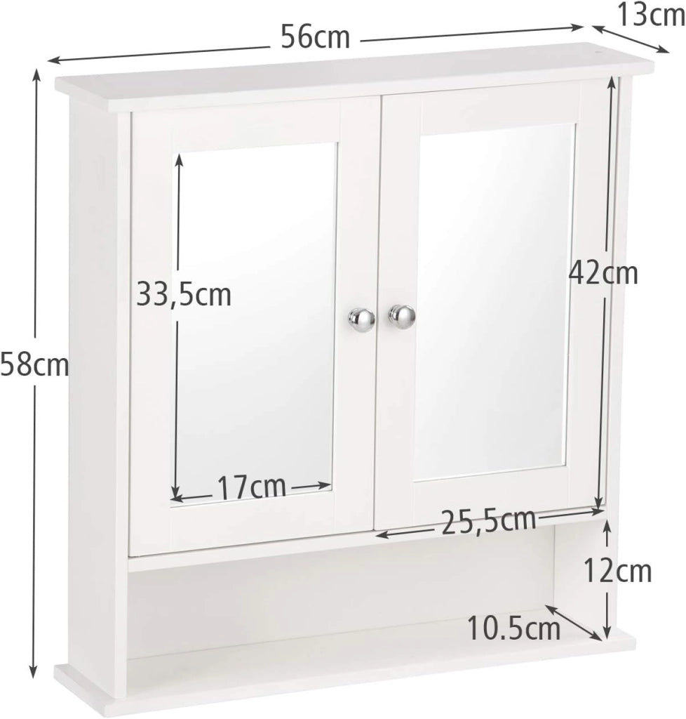 Armadio pensile con specchio, a due porte, con ripiano regolabile, 3 ripiani, 56,5 x 13,5 x 58,5 cm, bianco