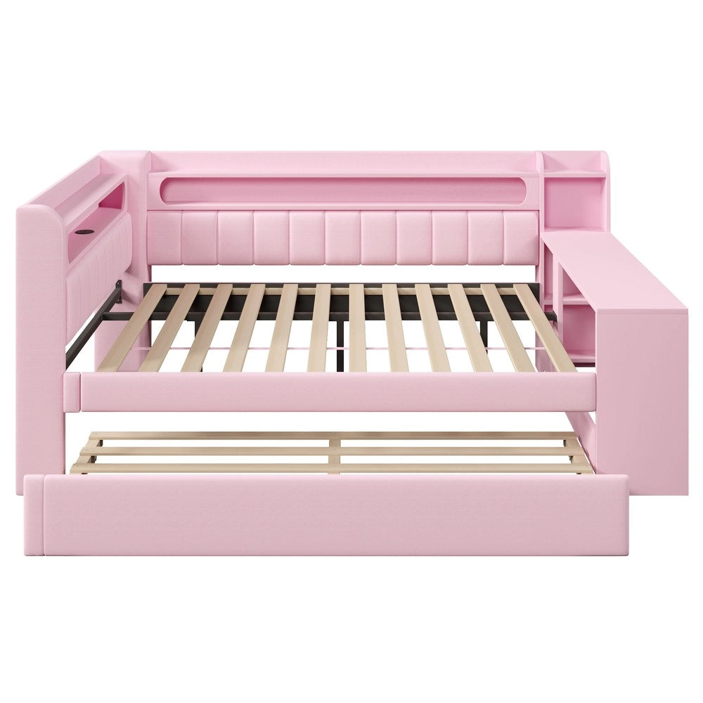 Letto Imbottito con Scrivania e Letto Estraibile ¨C MINIMAL ¨C Rosa, LED, USB, 140x200