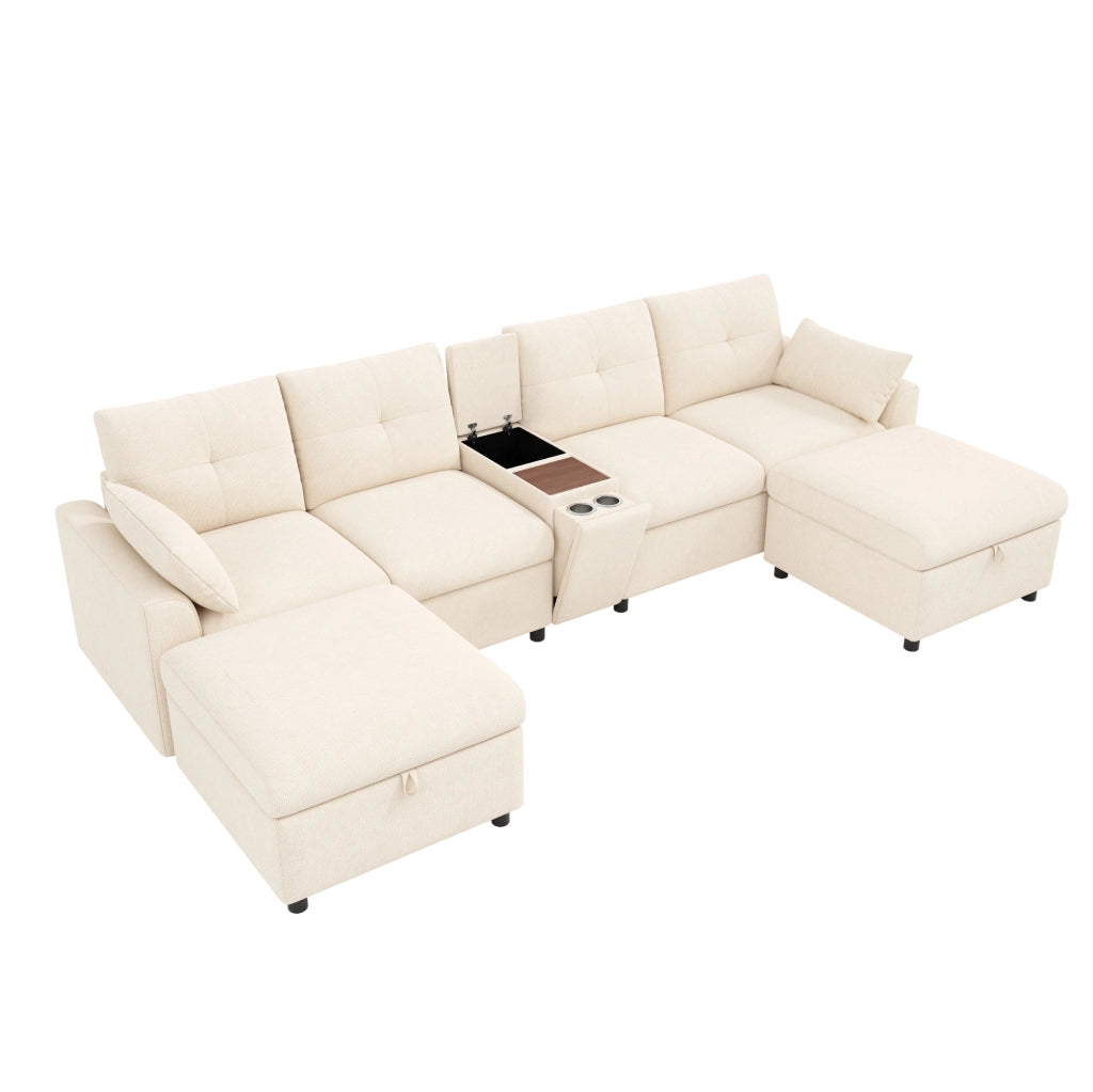 Divano angolare modulare 6 posti in ciniglia beige con USB