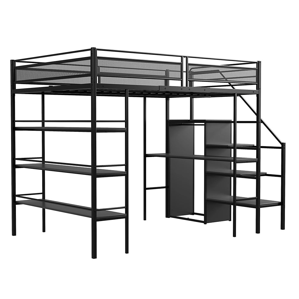 Letto a soppalco 140x200 - Xylo - 3 ripiani scrivania armadio - Nero