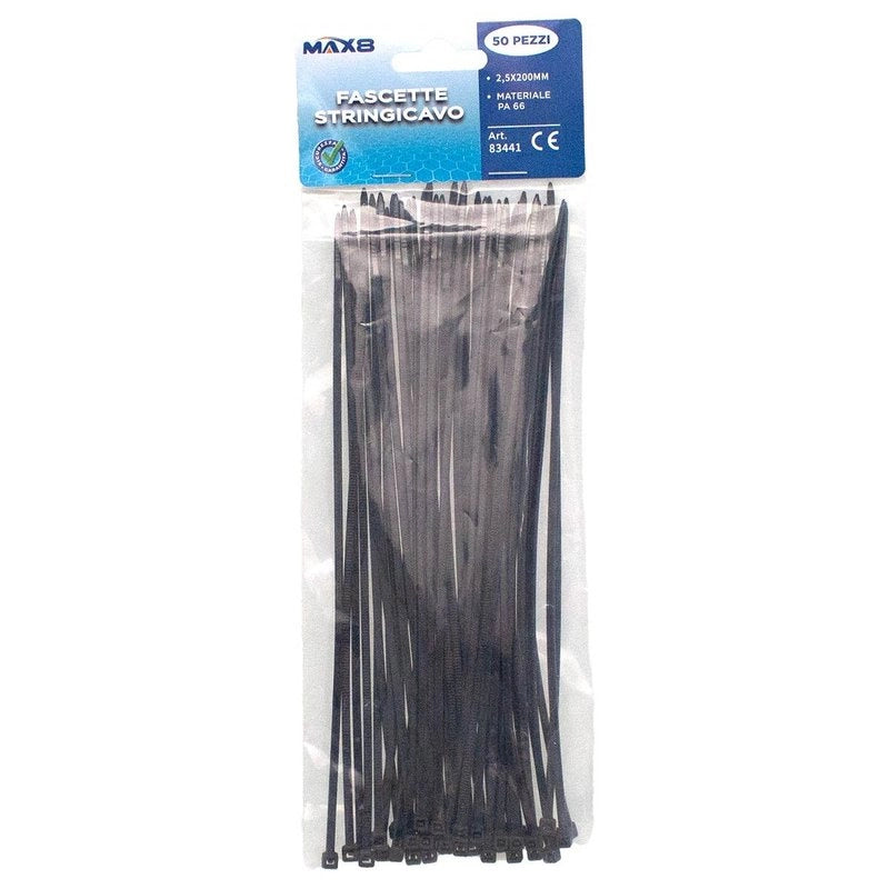 50 Pezzi Fascette Stringicavo Nero 2,5 X 200 MM