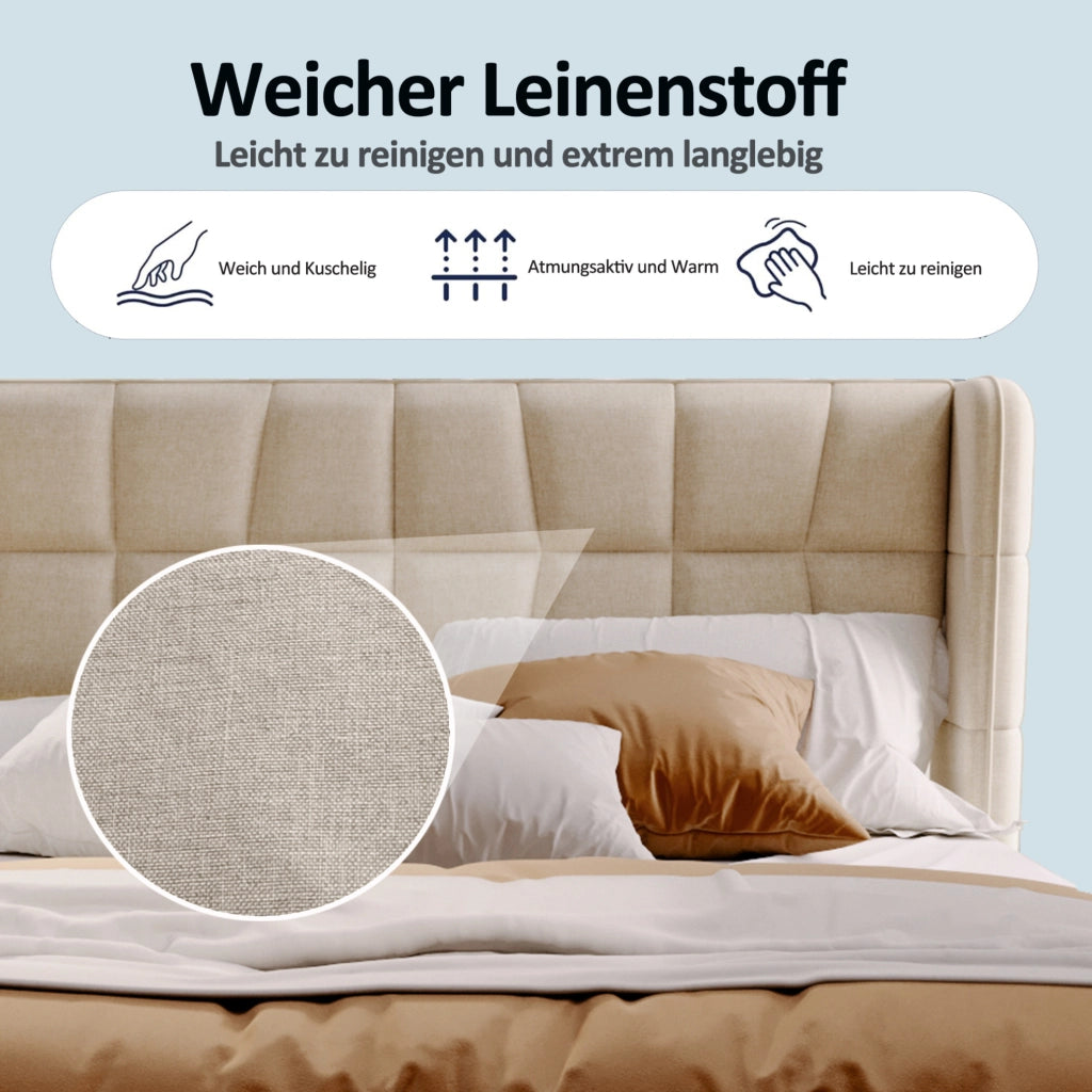 Letto imbottito contenitore 140x200 cm beige con sollevamento