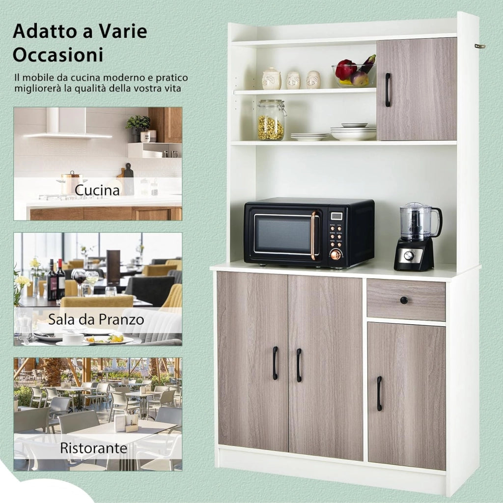 COSTWAY Armadio da Cucina Alto 180 CM, Credenza Alta da Cucina con Armadietti e Cassetto, Stazione di Ricarica Integrata, Ripiani Regolabili, 100 x 40 x 180 cm (Bianco)