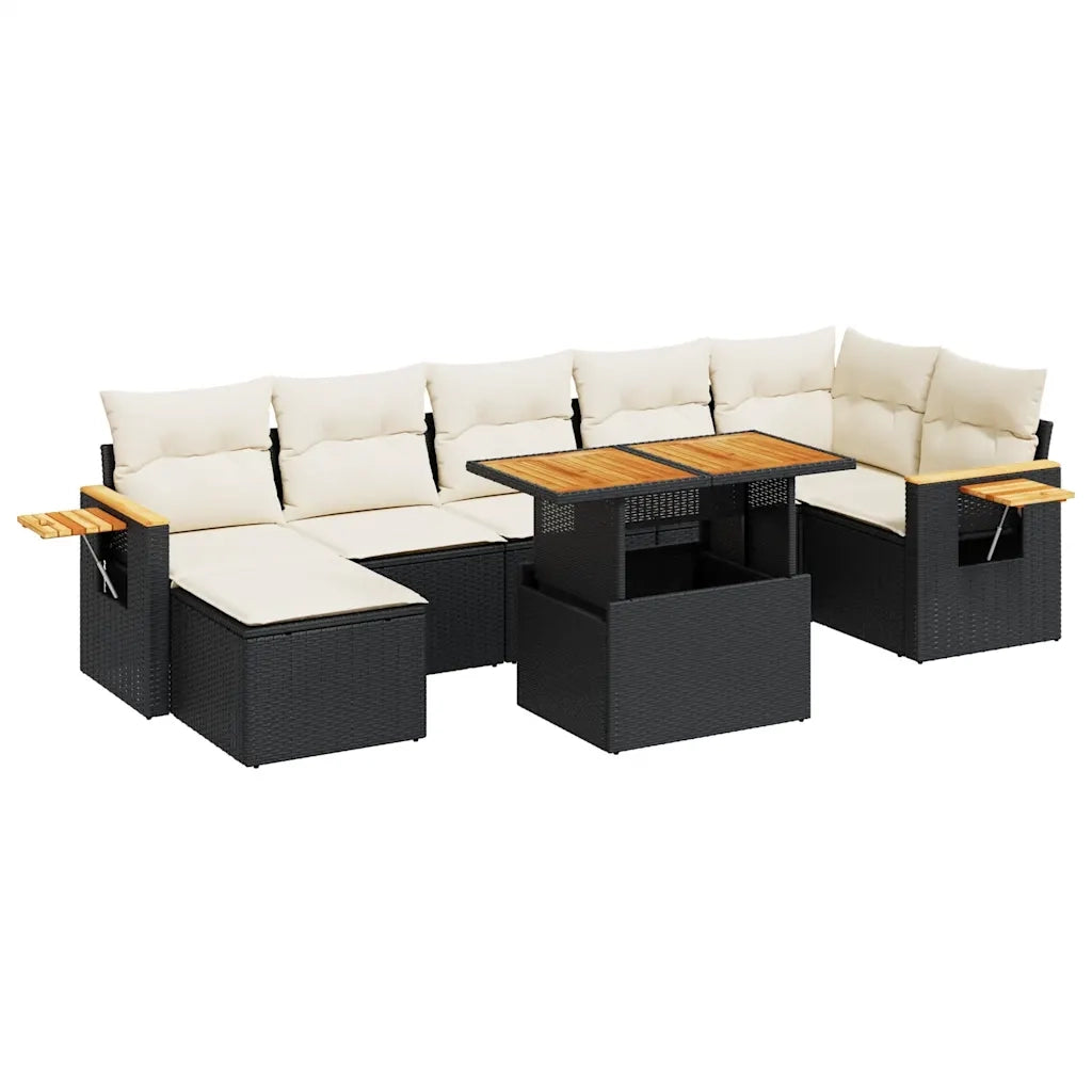 Set Divani da Giardino con Cuscini 8 pz Nero Polyrattan Acacia
