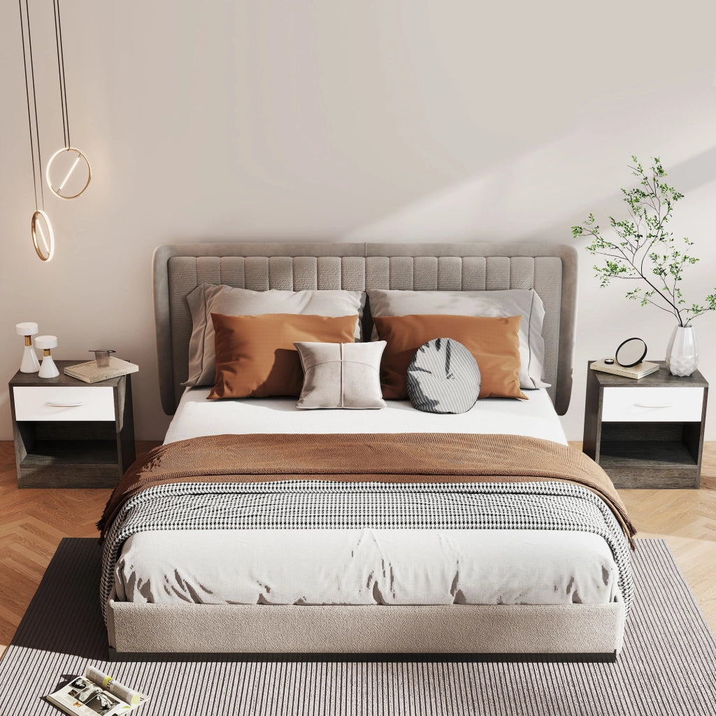 Set 2 Comodini Moderni con Ripiano Aperto e Cassetto, in Legno, 39x28x41 cm, Bianco e Grigio Scuro