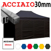 Gazebo 3x4,5 m nero pieghevole portatile estendibile richiudibile estensibile acciaio con laterali per fiere eventi stand chiosco tenda tendone mercato mercatino  