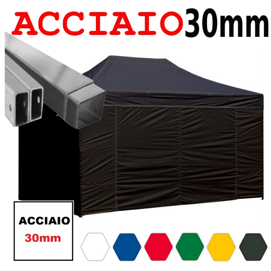 Gazebo 3x4,5 m nero pieghevole portatile estendibile richiudibile estensibile acciaio con laterali per fiere eventi stand chiosco tenda tendone mercato mercatino  