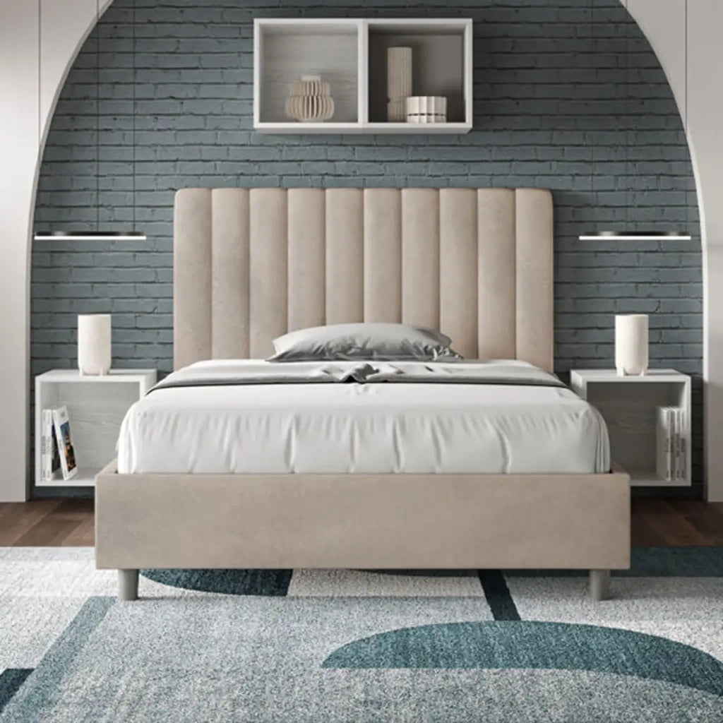 Letto una piazza e mezza contenitore imbottito 120x200 microfibra sabbia Agueda