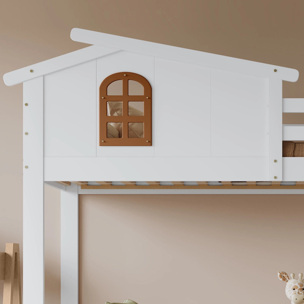 Letto a Castello Singolo con Cassetti e Doghe ¨C MINIMAL ¨C Pino/MDF/Multistrato, Bianco, 90x200 + 120x200