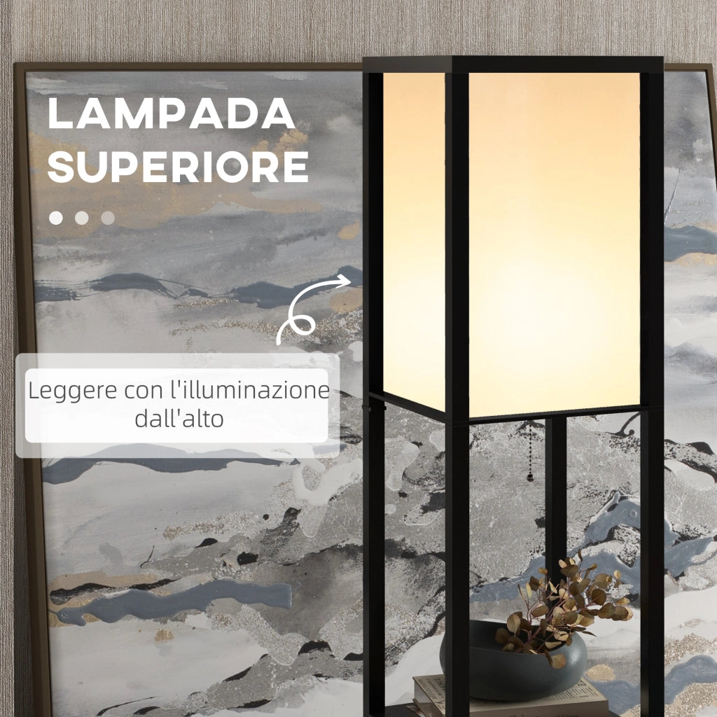 Lampada a Terra 40W con 3 Mensole Integrate e Interruttore a Tirante, Lampada Moderna in MDF e PS, 26x26x160 cm, Nero e Bianco