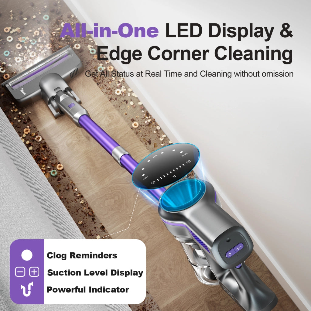 Aspirapolvere senza fili INSE S7P viola con display a LED e spazzola a rullo morbida.