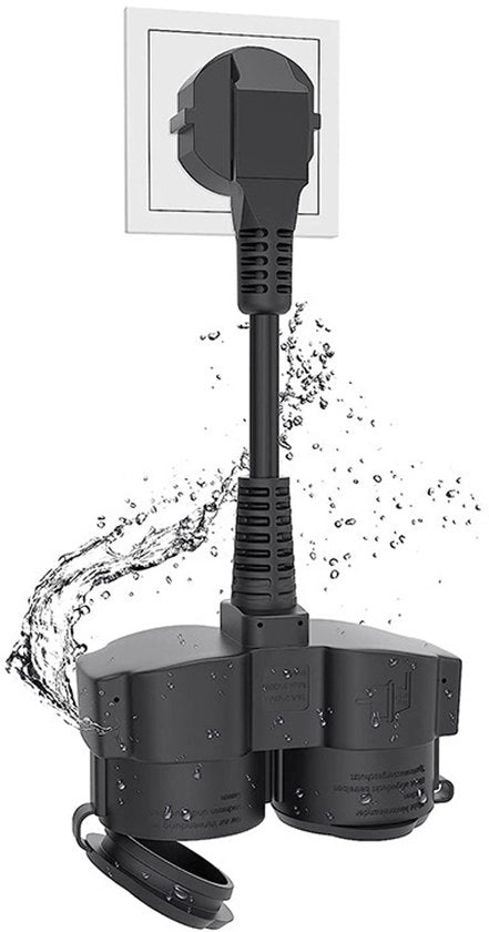Cavo di estensione con due connettori adattatori, IP44 impermeabile all'acqua, adatto per uso domestico, ufficio, interno o esterno - Nero