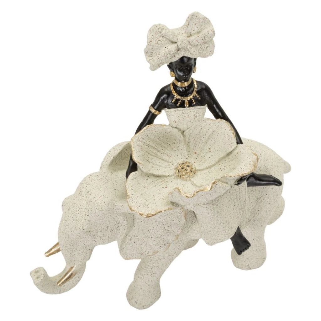 Scultura decorativa etnica donna su elefante in poliresina