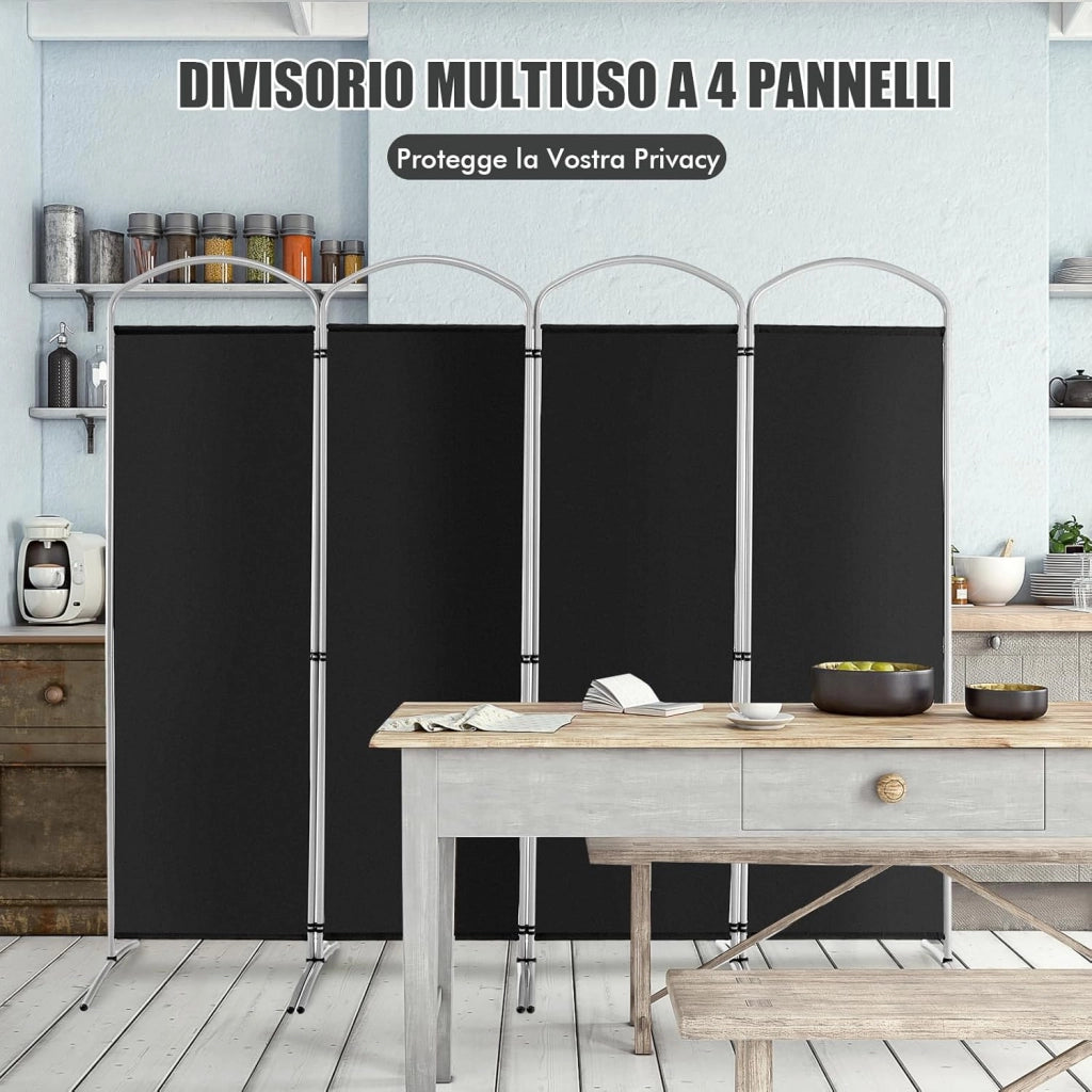 Paravento Pieghevole a 4/6 Pannelli, Separé Divisorio Interno ed Esterno, Pannelli Divisori per Camera da Letto, Ufficio e Soggiorno (221 x 188 cm 4 Pannelli, Nero)